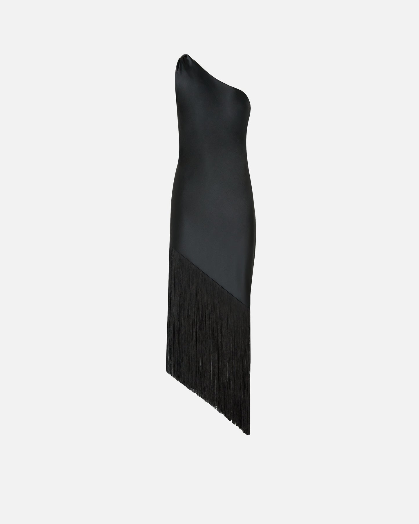 Satin one-shoulder mini dress with fringing