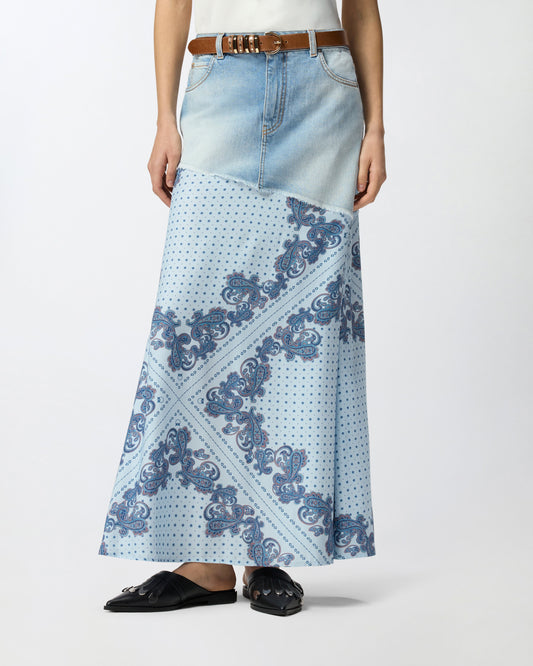 Denim midi skirt with scarf print