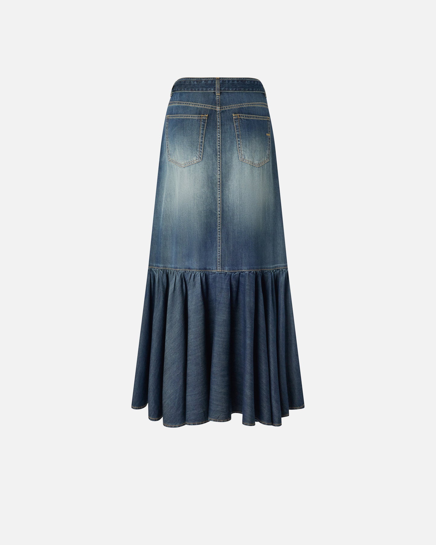 Long denim skirt with flounce and belt