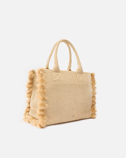 Medium Beach shopping tote in raffia with logo and tassels