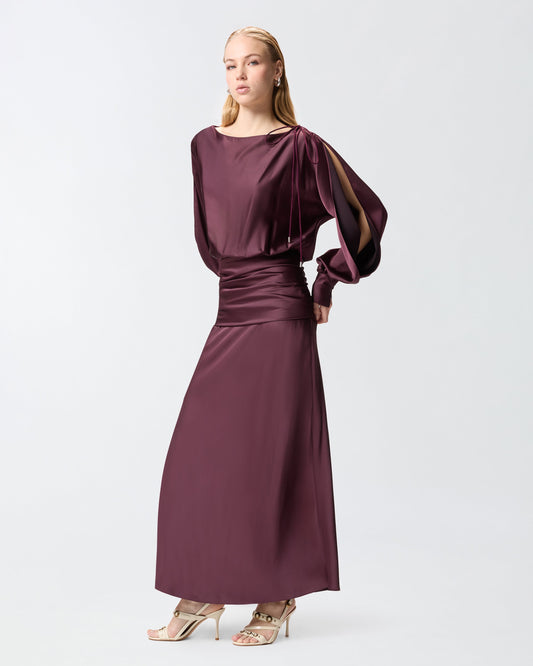 Long satin dress with draping