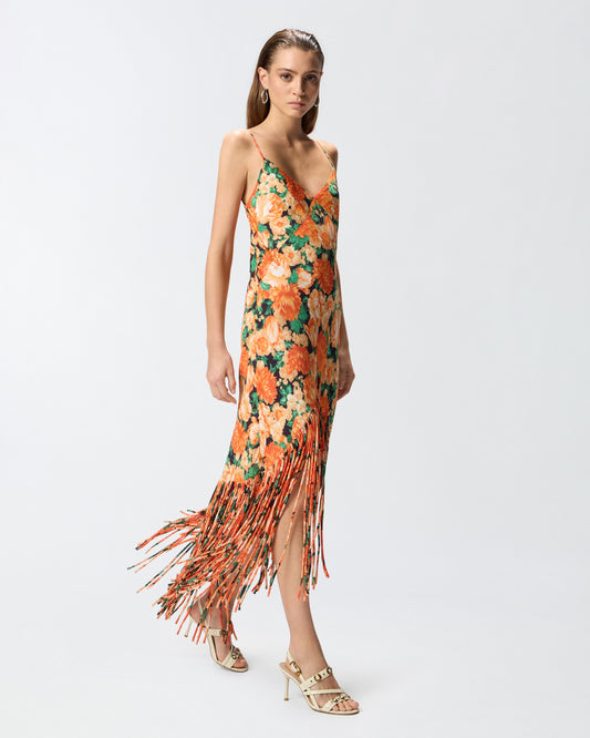 Long dress with fringing and Botanic Garden print