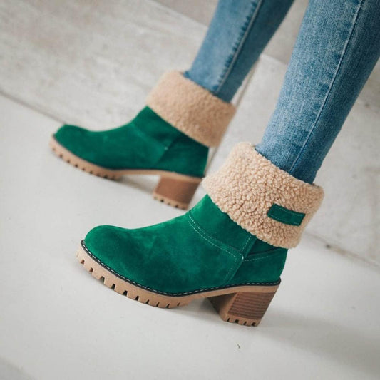 Damen Einfarbige Flauschige Stiefel, Weiche Sohle Grober Absatz Fleece-Futter Stiefel, Winter Rutschfeste Schneestiefel