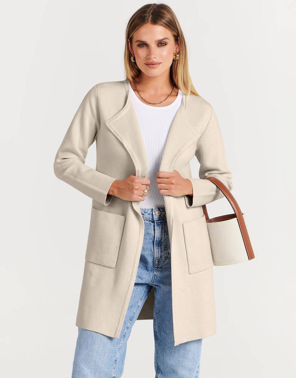 ANRABESS Women's Open Front Knit Cardigan Long Sleeve Lapel Casual Solid Classy Sweater Jacket