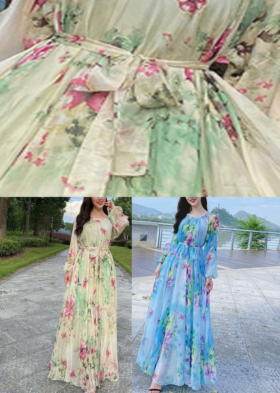 Französisch-Blaues, langärmeliges Chiffon-Maxikleid mit Rundhalsausschnitt und Print für den Frühling