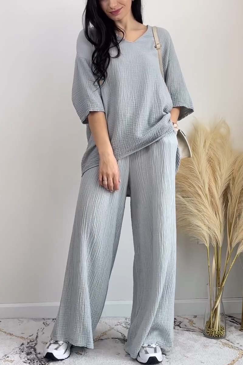 Damen Casual V-Ausschnitt Kurzarm Einfarbig Zweiteiler Set