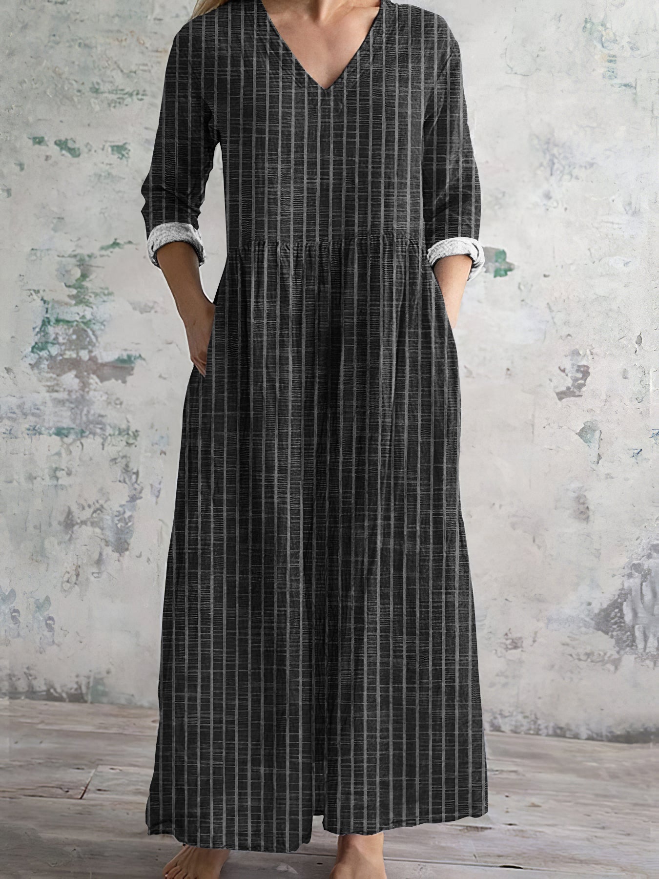 Damen-Leinenkleid mit Vintage-Streifenmuster