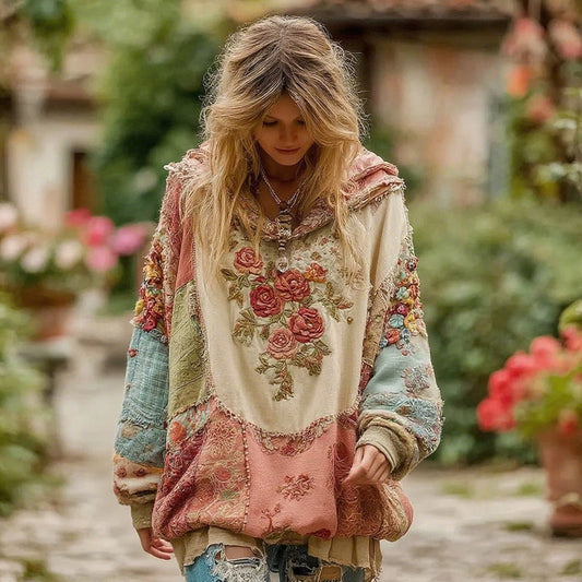 Damen Vintage Blumenmuster Hoodie