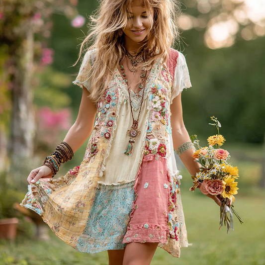 Damen Retro Blumen Patchwork Kurzarm Baumwoll-Leinen-Kleid