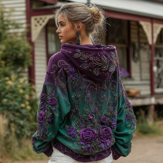 Damen Retro Hoodie mit lilafarbenem Rosen-Farbverlauf