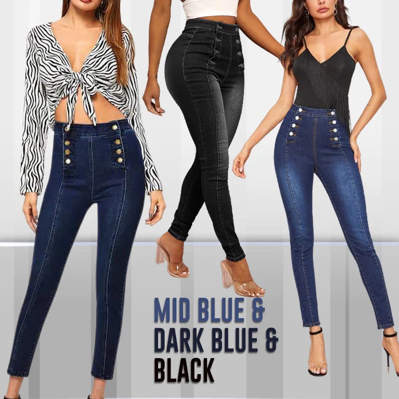 💥Zweireihige High Waist Skinny Jeans