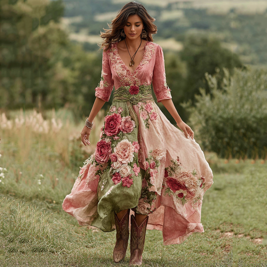 Damen Vintage Leinenmischung Maxikleid mit floralem Muster und V-Ausschnitt