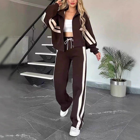 Damen gestreifte Reißverschlussjacke & lässige Hose zweiteiliges Set