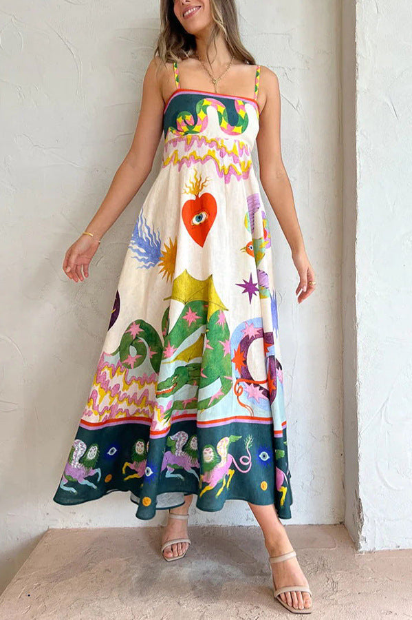 Midikleid aus Leinenmischung mit einzigartigem Print, gesmokter Rückseite und Taschen