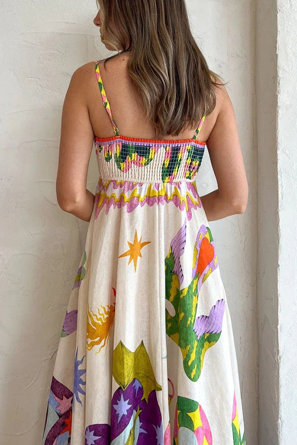 Midikleid aus Leinenmischung mit einzigartigem Print, gesmokter Rückseite und Taschen