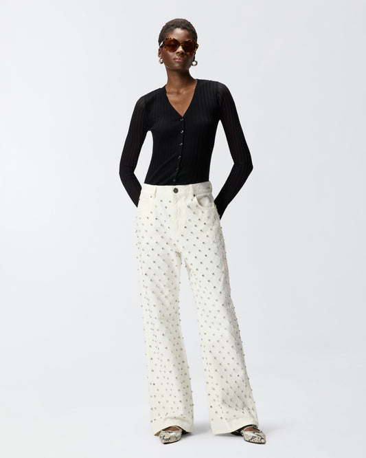 Wide-leg jeans with diamond pattern and rhinestones