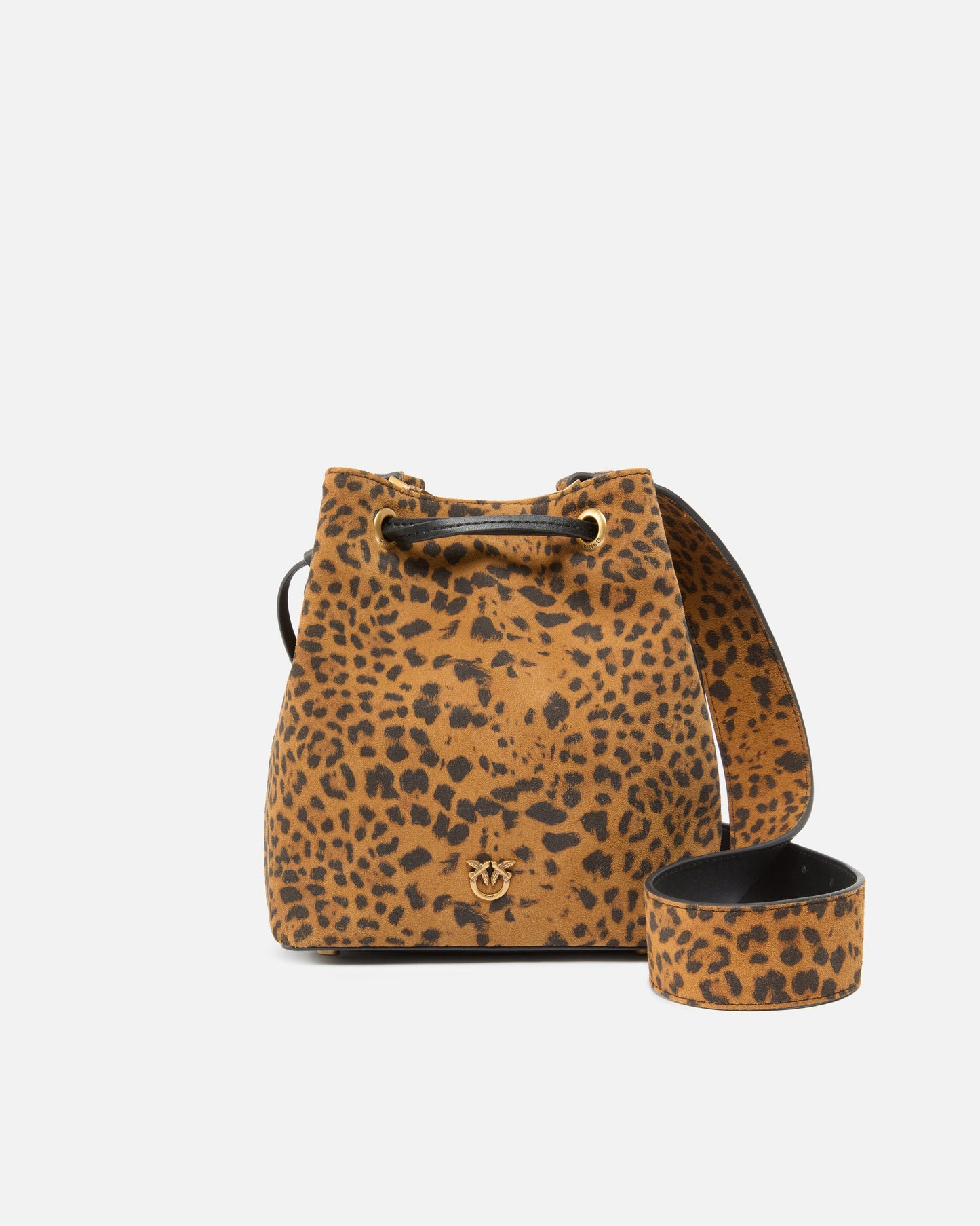 Small crossbody bucket bag in leopard-print suede