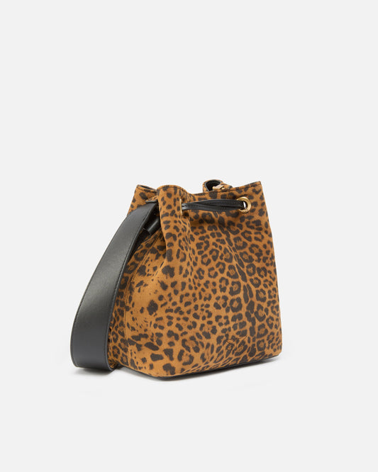 Small crossbody bucket bag in leopard-print suede