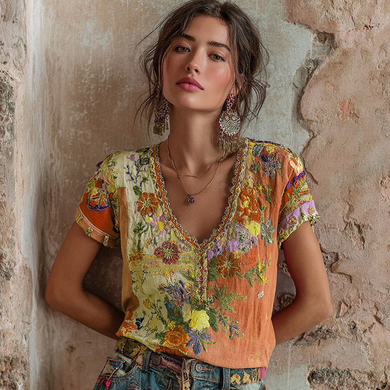 Damen Bohème Blumenstickerei Kunst V-Ausschnitt Kontrastfarbe Leinenmischung T-Shirt