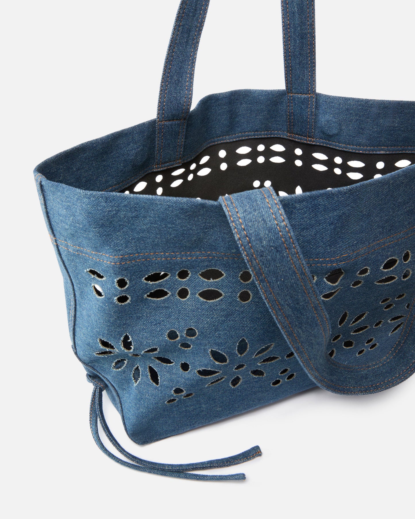 Medium shopper bag in denim with broderie anglaise
