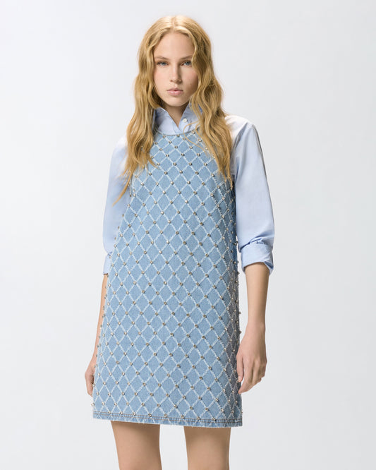 Denim mini dress with diamond and rhinestone motif