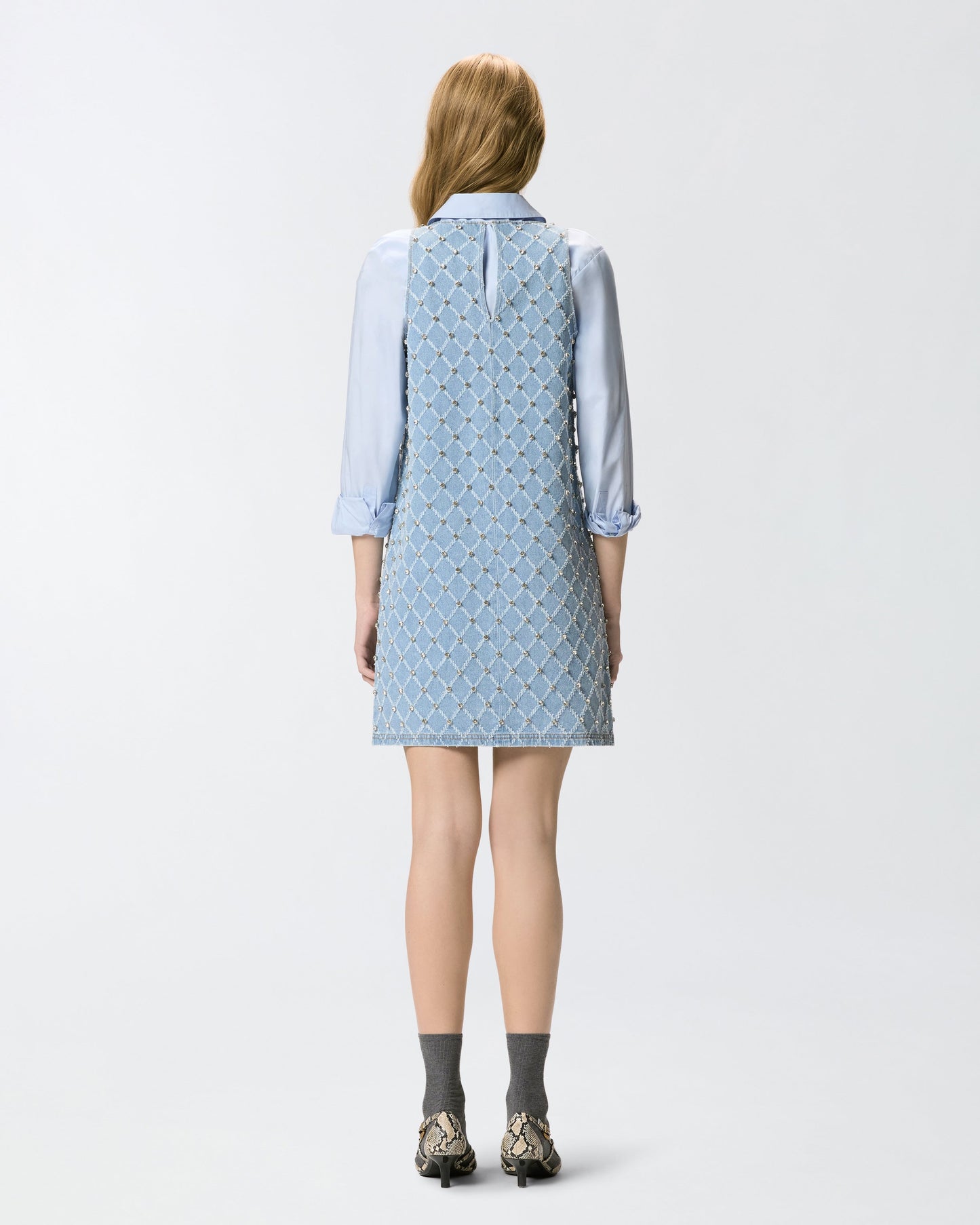 Denim mini dress with diamond and rhinestone motif