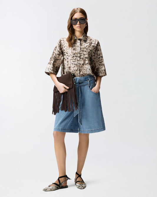 Wide-leg denim Bermuda shorts with belt