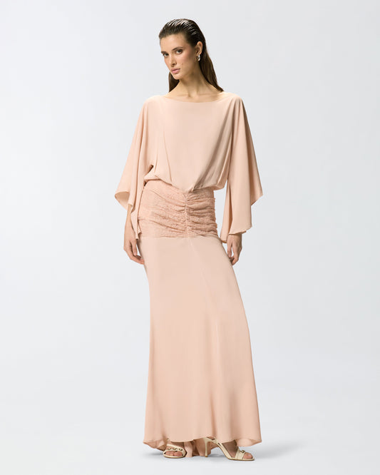 Long dress with draping and lace