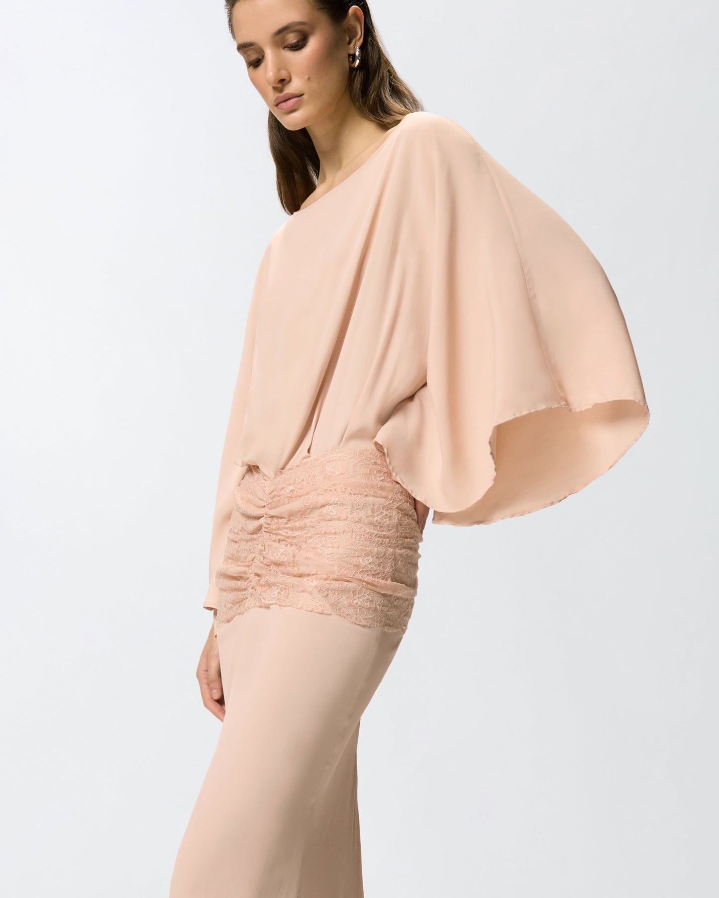 Long dress with draping and lace