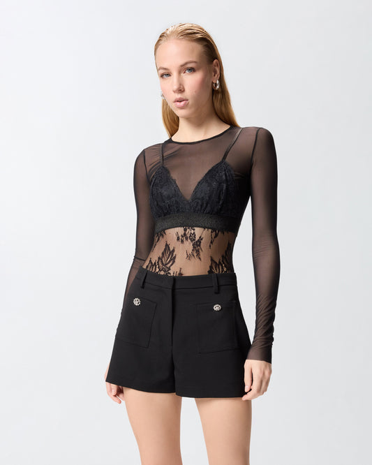 Tulle and lace knit bodysuit