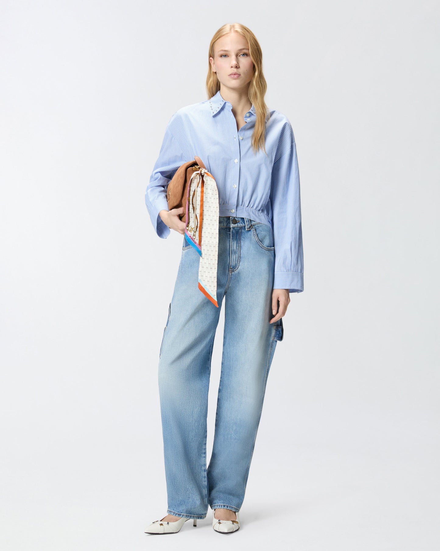 Cropped striped shirt with jewel collar