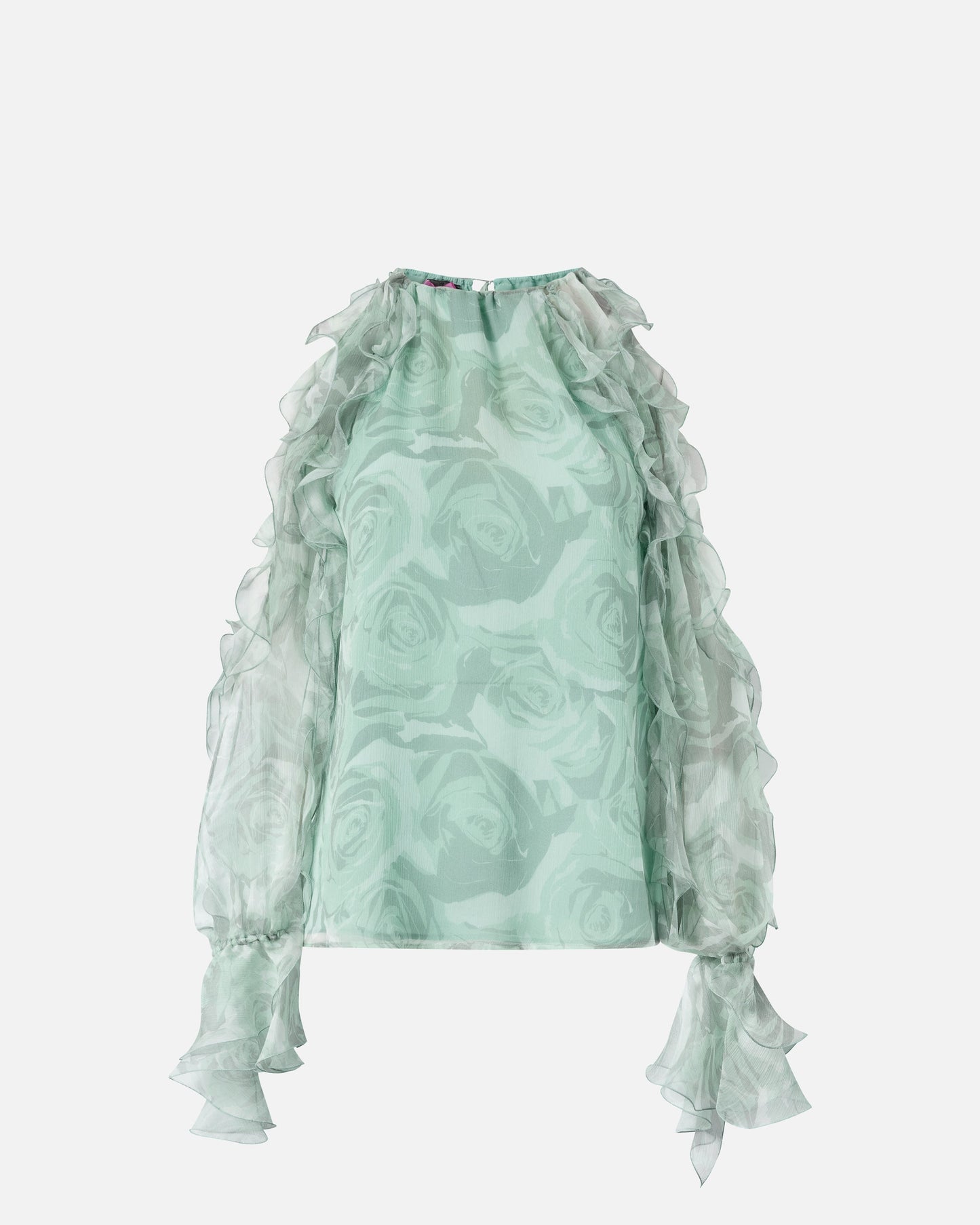Silk blouse with rose print and open shoulders