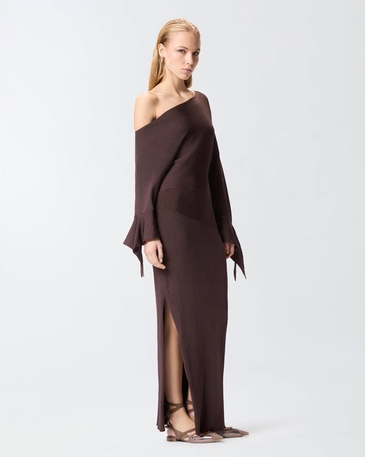 Long rib-knit dress with asymmetrical neckline