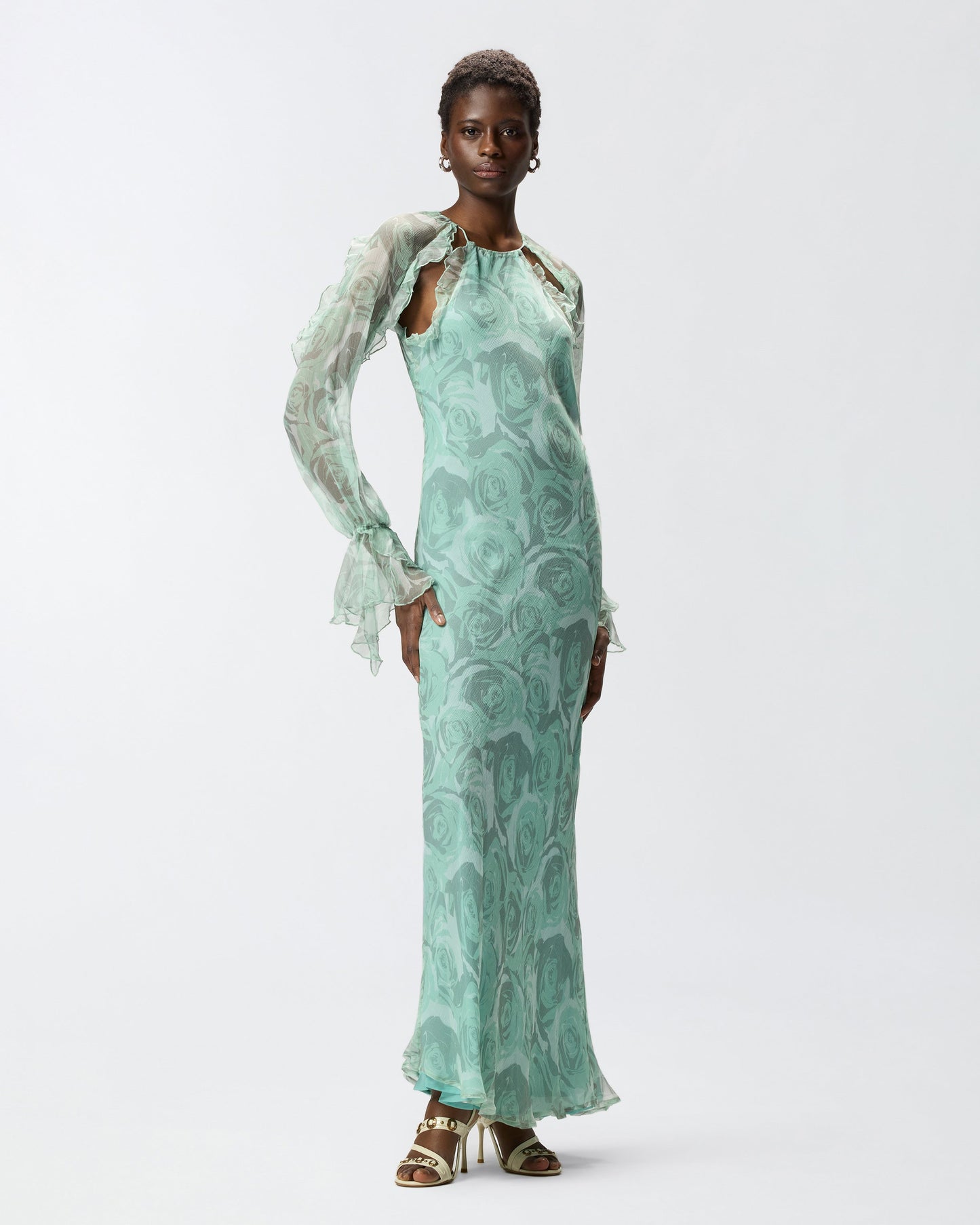 Silk midi dress with rose print and open shoulders