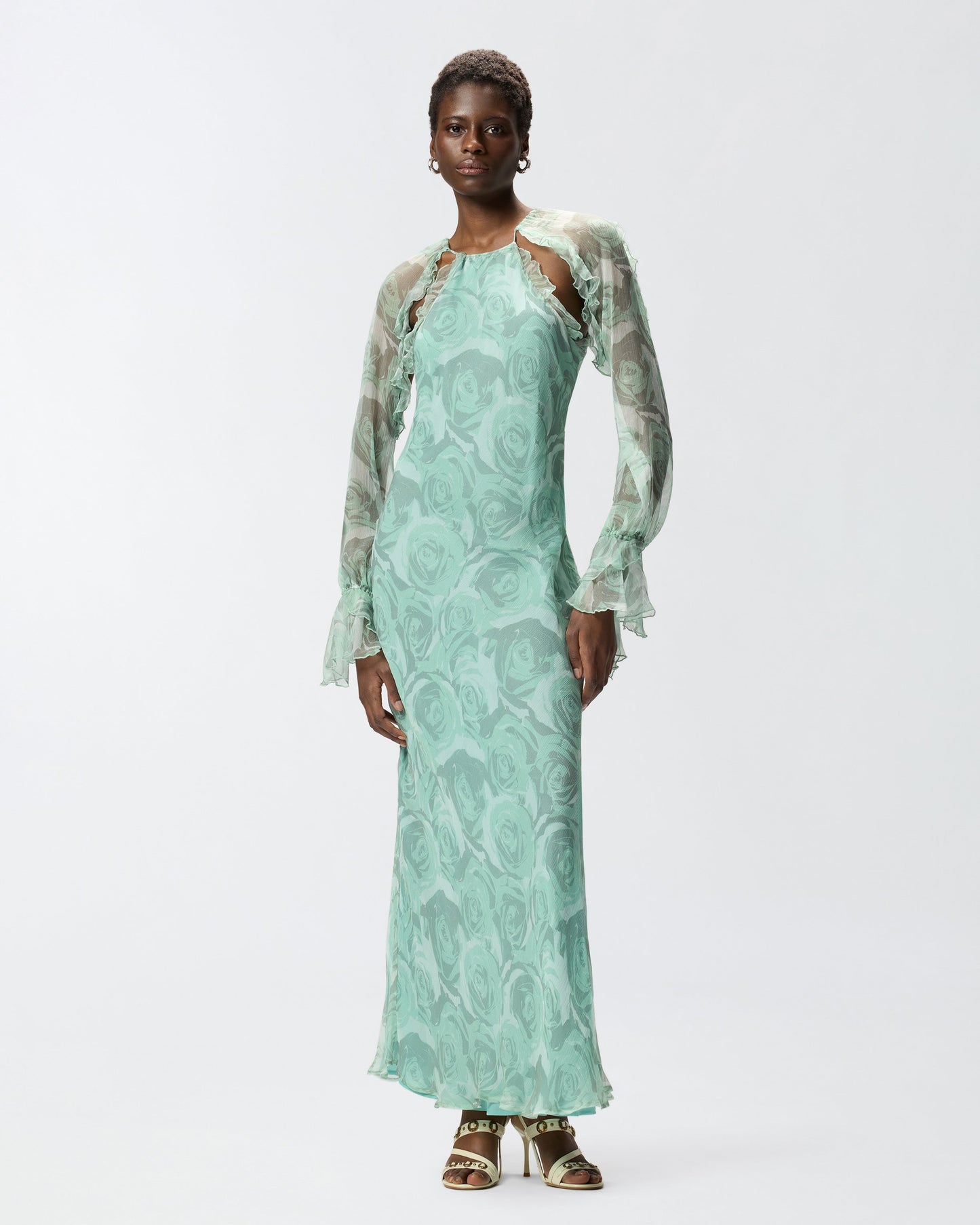 Silk midi dress with rose print and open shoulders