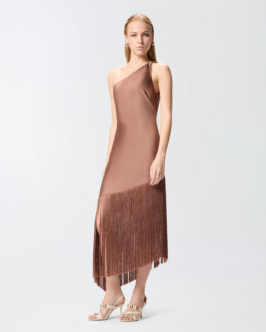 Satin one-shoulder mini dress with fringing