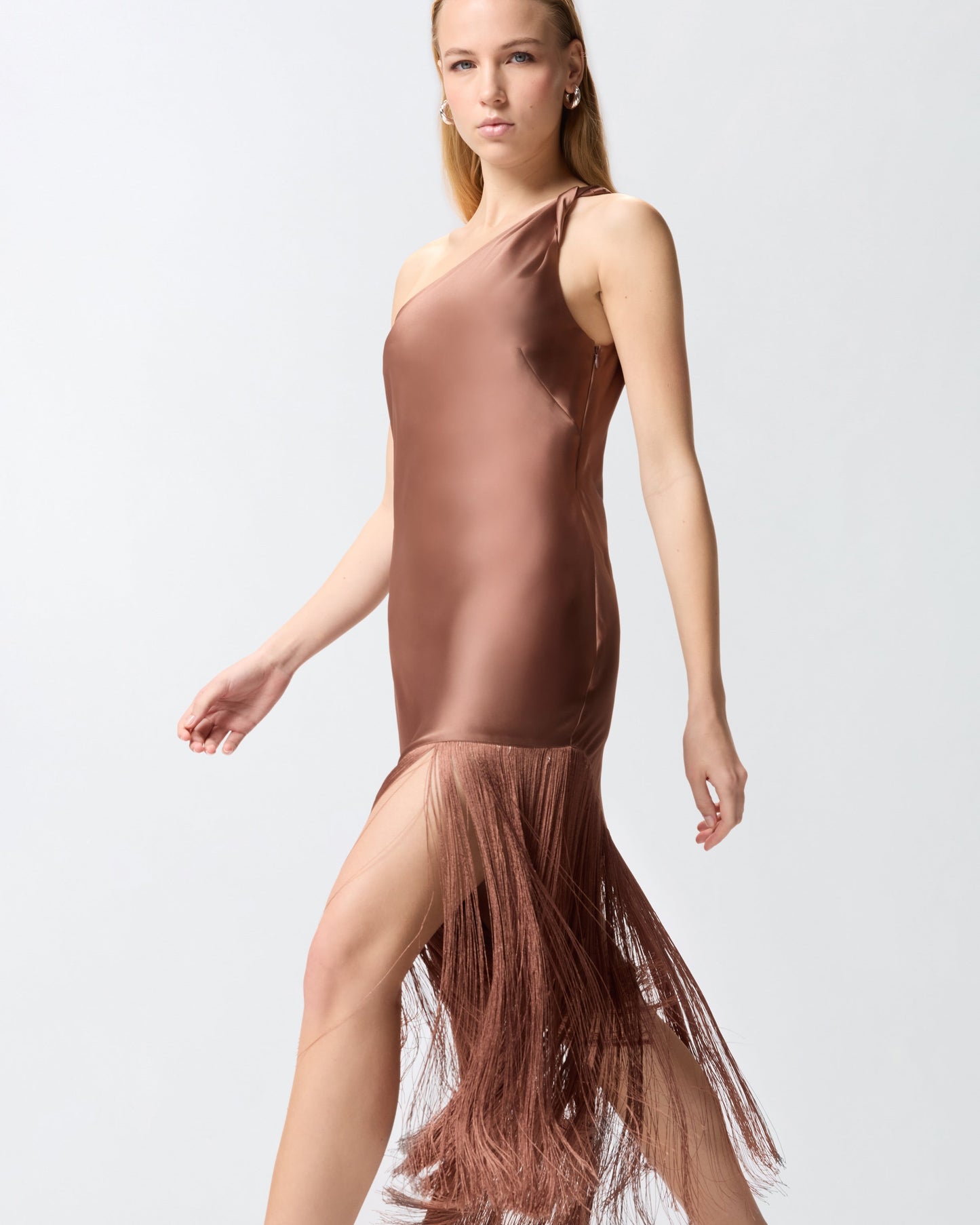 Satin one-shoulder mini dress with fringing