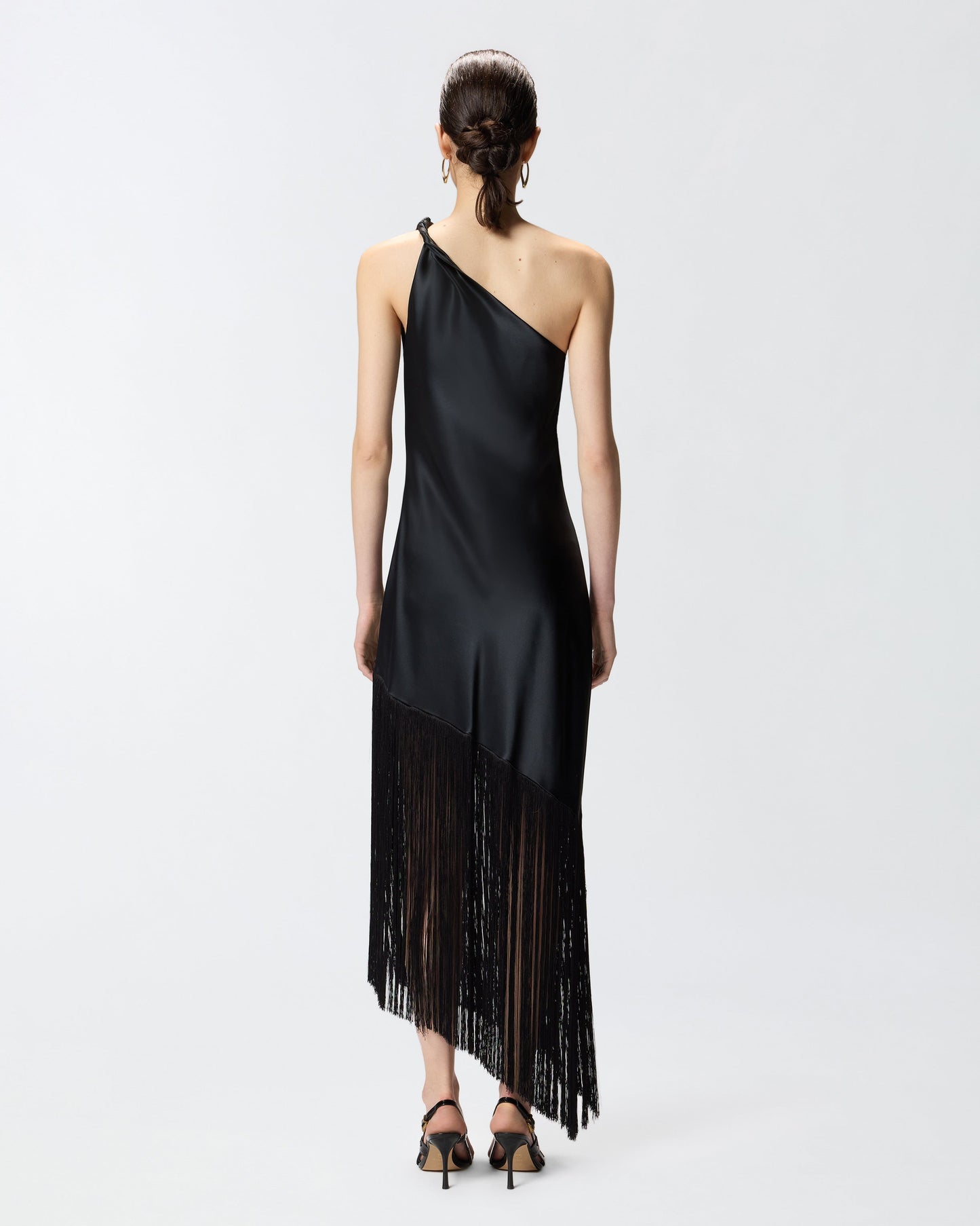 Satin one-shoulder mini dress with fringing