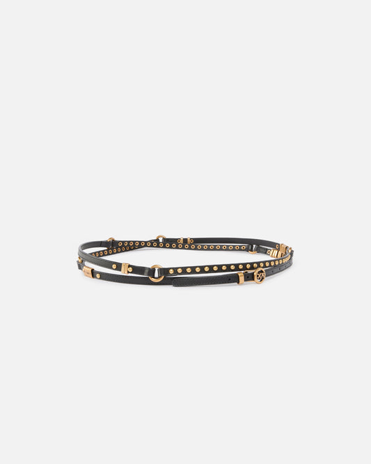 Double-wrap leather belt with studs and branded rings, 1 cm