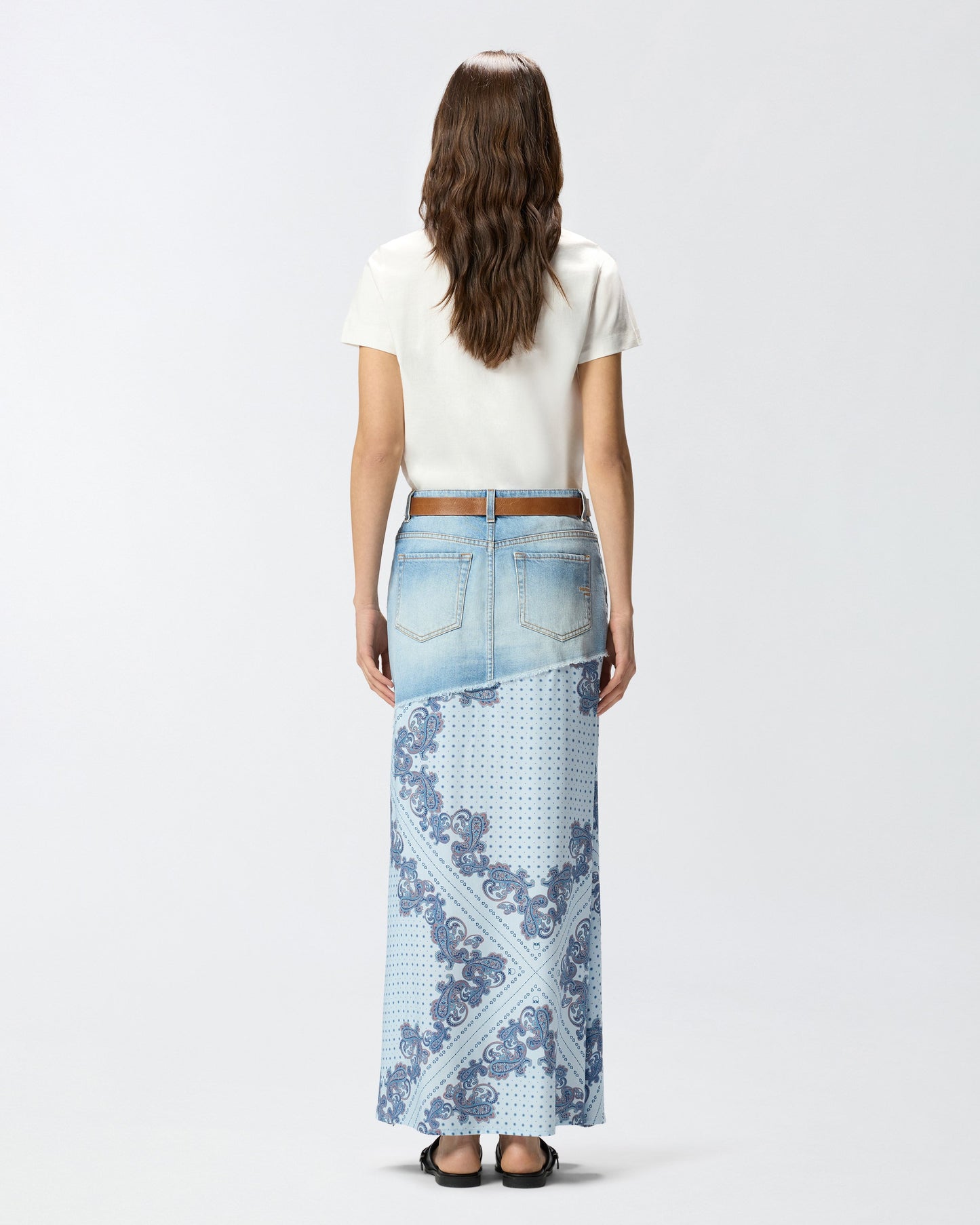 Denim midi skirt with scarf print