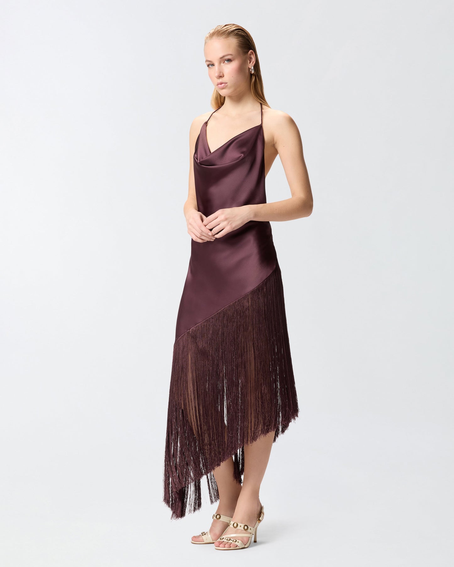 Asymmetrical top in satin with fringes
