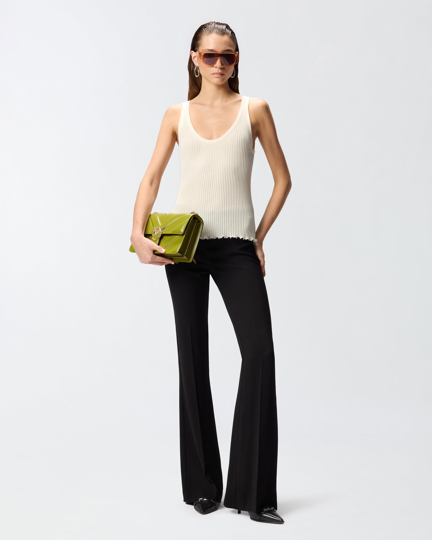 Flared trousers with pressed pleat detail