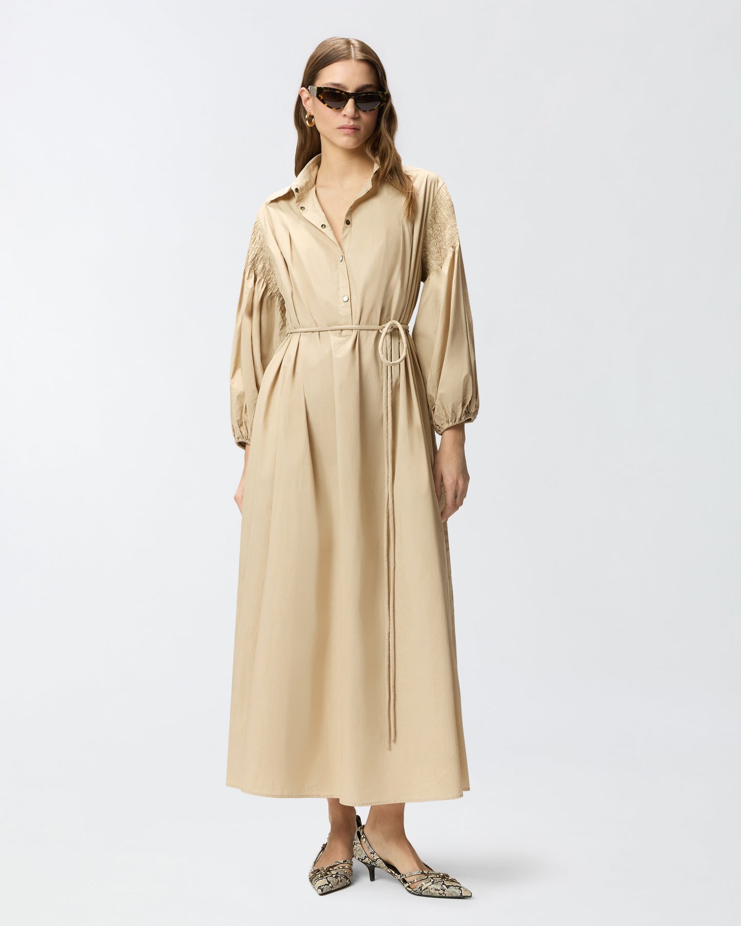 Long shirt dress in cotton with belt