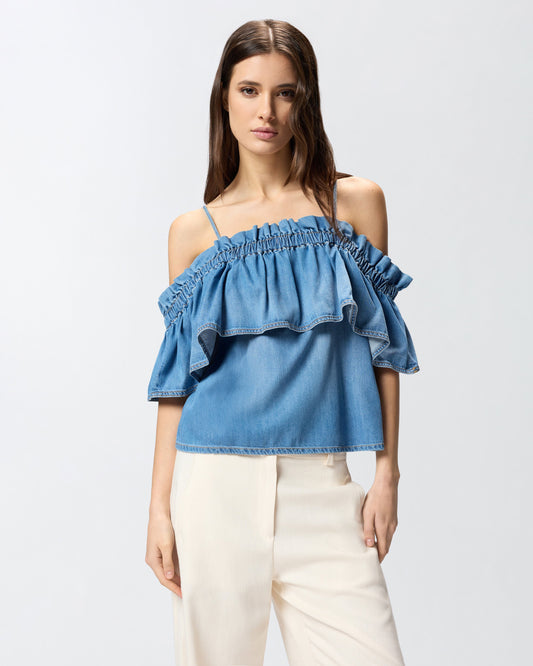 Denim top with ruffle and open shoulders