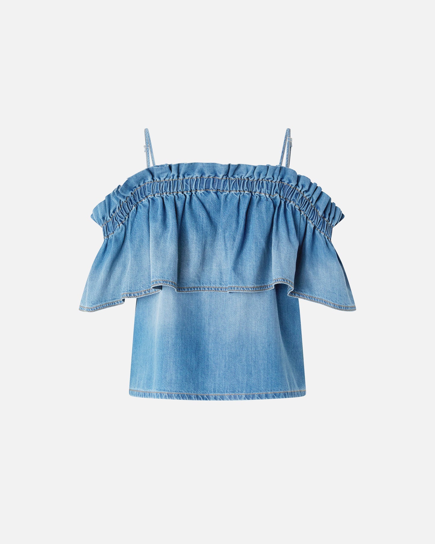 Denim top with ruffle and open shoulders