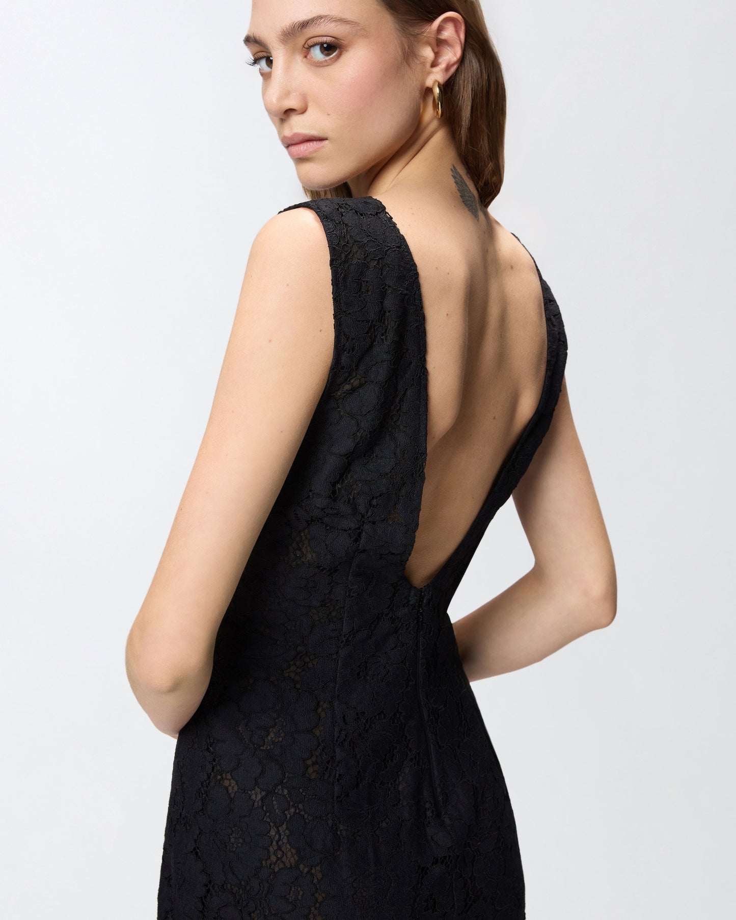 Floral lace dress with plunging rear neckline