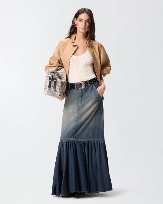 Long denim skirt with flounce and belt