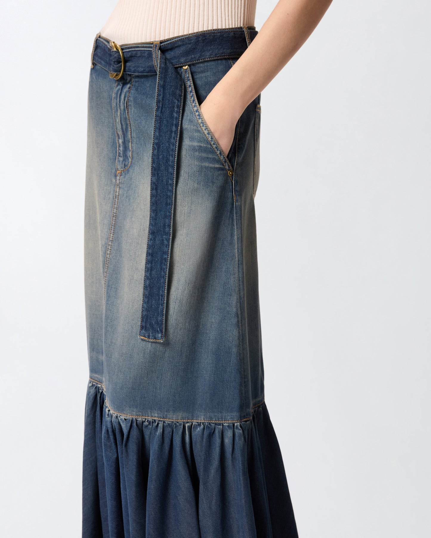 Long denim skirt with flounce and belt