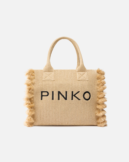 Medium Beach shopping tote in raffia with logo and tassels