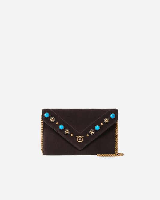 Small clutch bag in suede with studs and shoulder strap
